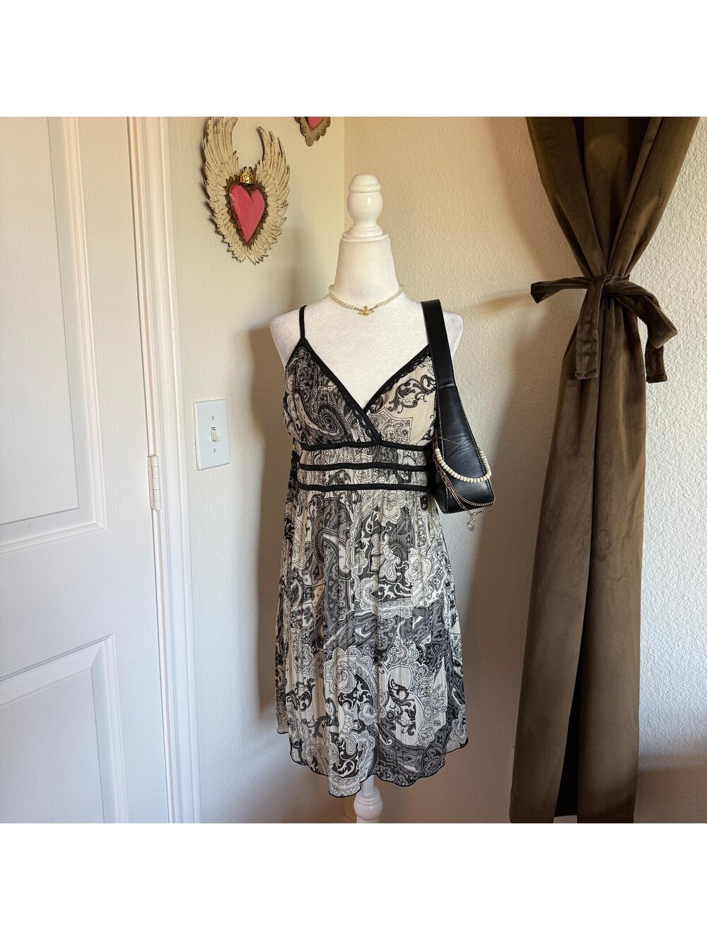 Linea Donatella Whimsigoth Coquette Black and White Paisley Slip Dress Ruffled